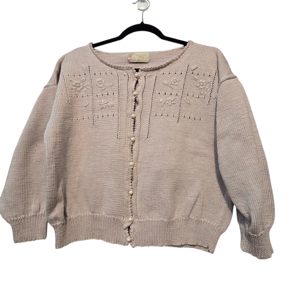Handknit Boxy Cardigan Womens L XL Beige Pearls Grandma Cottage Coquette Boho